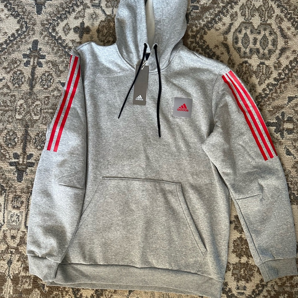 adidas Gray and Red Pullover Hoodie with Stripes